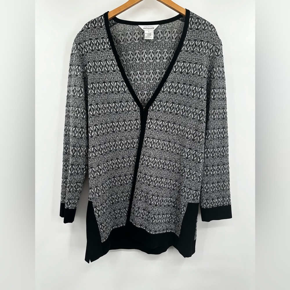 Exclusively Misook Women's‎ L Black & Silver Metallic Trim open Cardigan Sweater